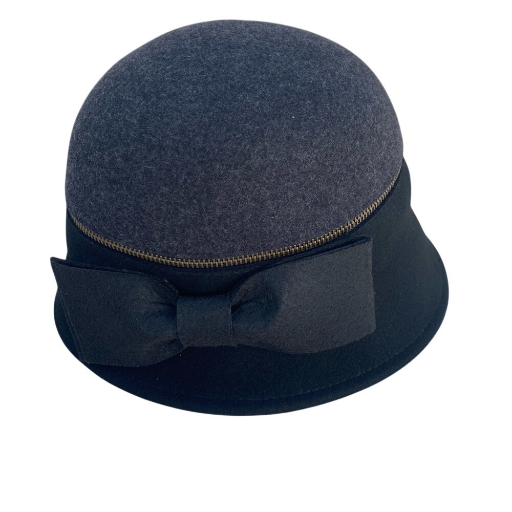 Callanan Cloche Hat Zipper Bow 100% Wool‎ felt, Womens OS Black Grey